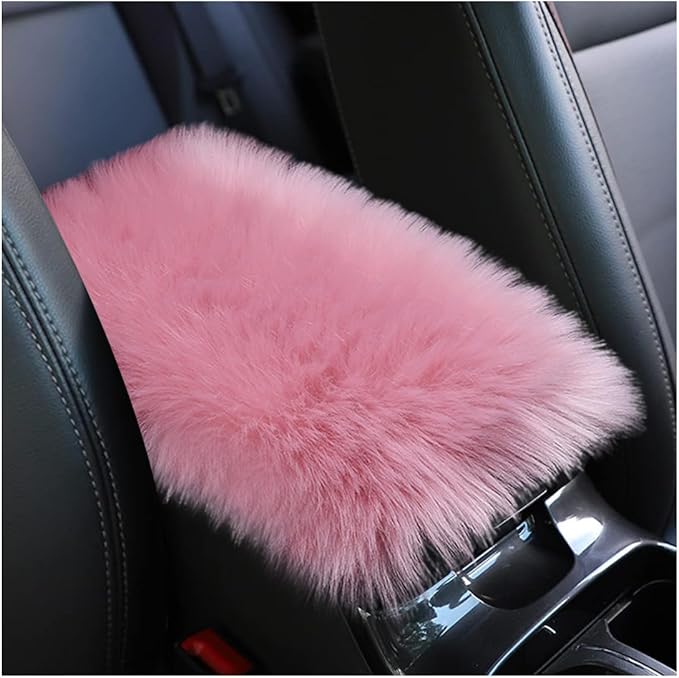 Furry Car Center Console Cover, 11.8"×7.9" Sheepskin Wool Armrest Box Cushion Pad, Comfort Soft Auto Center Console Protector, Interior Decor Accessories for Most Vehicles (Pink)
