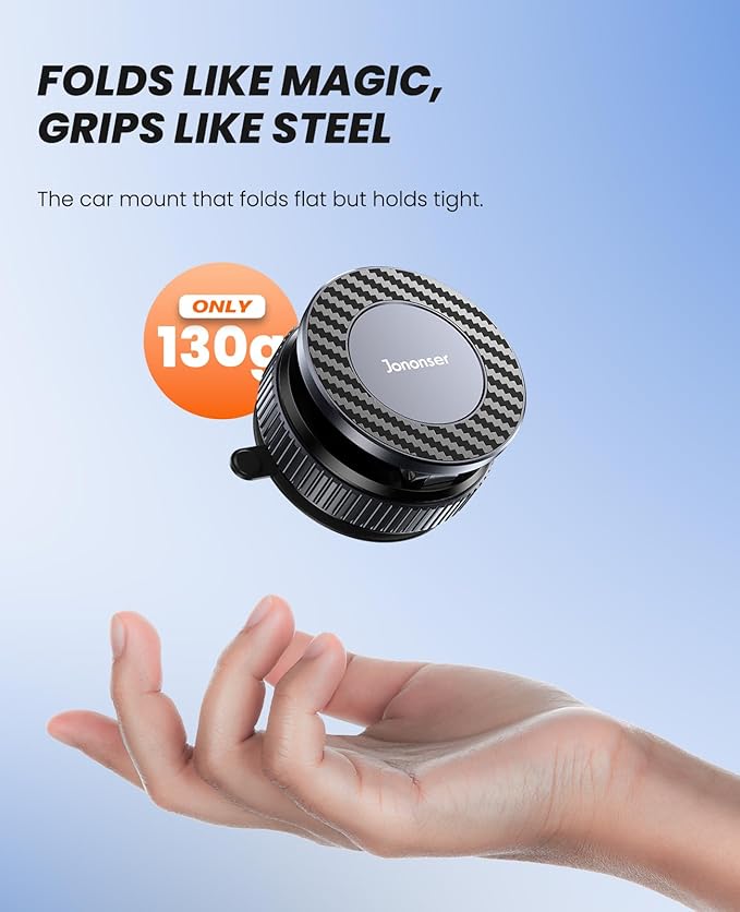 Jononser Suction Phone Mount for Car Dashboard/Windshield - 360°Adjustable Magnetic Phone Holder for Car, Foldable Car Phone Holder for iPhone 17/16/15/14/13/12 Series (Carbon Fiber & Aluminum Alloy)