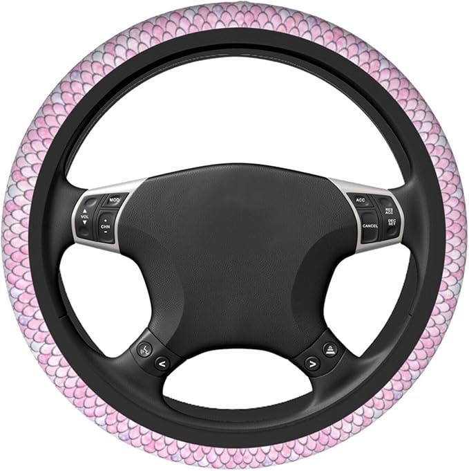 Mermaid Scales Steering Wheel Cover - Fish Scale Steering Wheel Cover Anti-Slip Breathable Universal for 15 Inch Car with 2 Pieces Car Coasters Suitable for Men Women