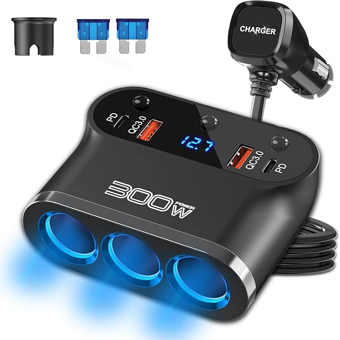 7 in 1 Cigarette Lighter Adapter: Ouffun 300W 3 Socket Car Charger Extensions 12V Splitter with Dual PD USB C 30W and QC3.0 18W 12V USB Outlet Ports, 12 Volt Car Plug with LED Voltage Separate Switch