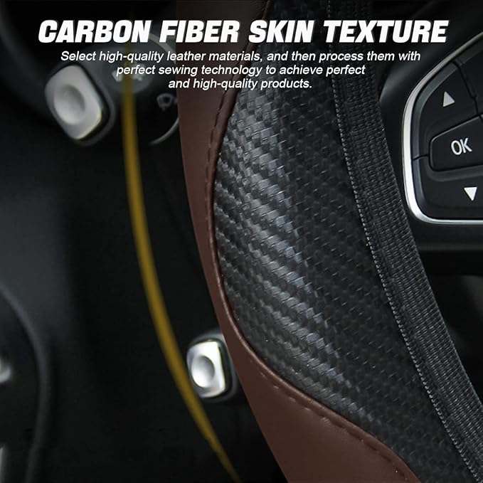 Car Steering Wheel Cover, 15 Inch PU Leather Carbon Fiber Elastic Stretch Without Inner Ring, Breathable Anti-Slip Auto Steering Wheel Protector for Women Men, Universal for Most Cars (Coffee)