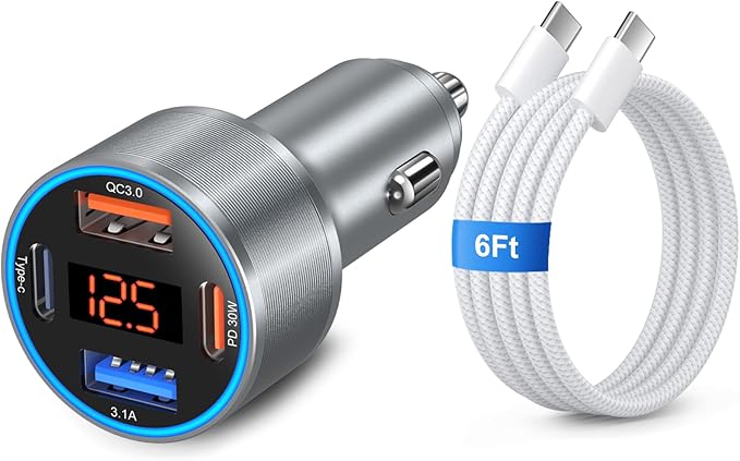65W Car Charger USB C Fast Charger for iPhone 17/16e/15 Pro Max, 4-Port Dual USB-C&USB-A Fast Charging Cigarette Lighter Adapter with Voltage Meter QC+PD 3.0 Car Phone Charger for Galaxy S25 S24 A16