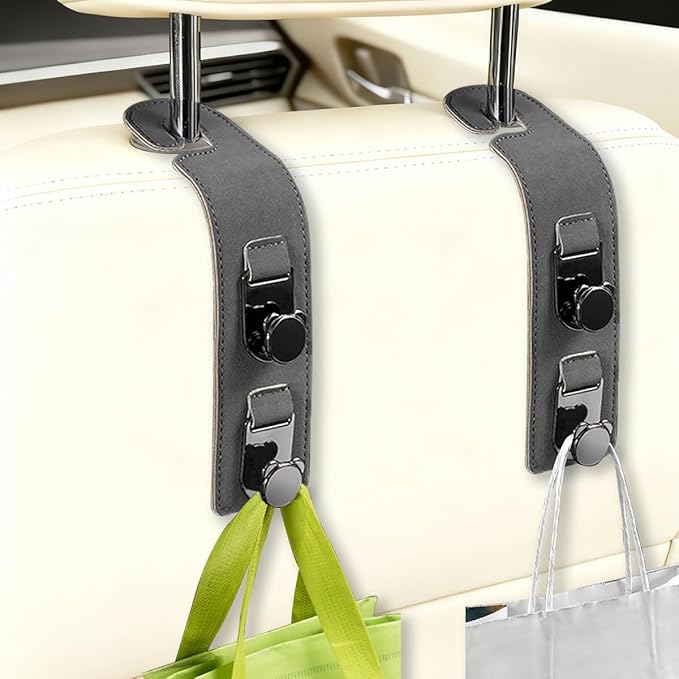 HZEL 2PCS Car Seat Headrest Hooks, Dual Hook Suede Vehicle Backseat Storage Holder for Purse Handbag Coat, Multifunctional Auto Seat Back Grocery Hanger Organizer, Universal for Vehicles (Gray)
