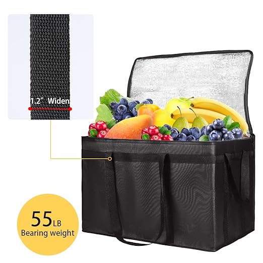 CIVJET Insulated Food Delivery Bag, XXXL Insulated Reusable Grocery Cooler/Hot Bags, Tote Bag for Shopping/Travel, Catering Bag 22x14x13, Black, 3-Pack