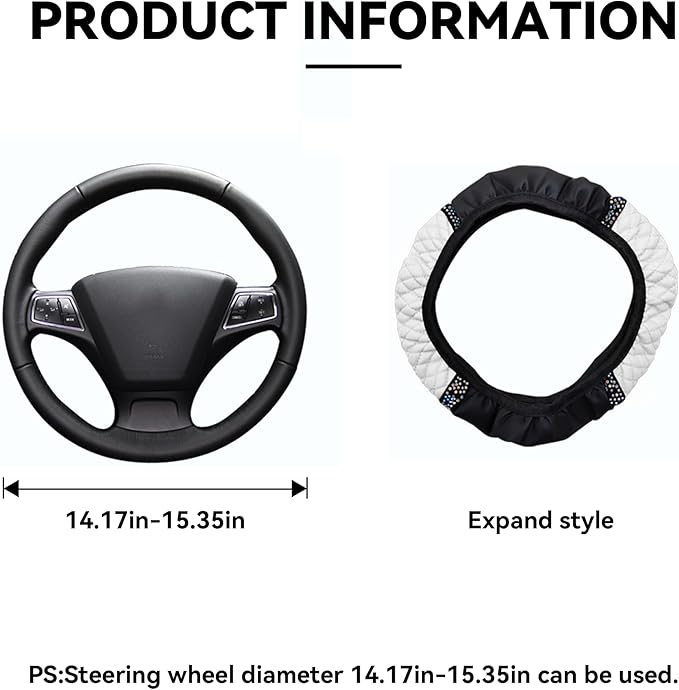 Bling Car Steering Wheel Cover, 15 Inch Rhinestones Soft Leather Elastic Steering Wheel Protector, Sparkly Crystal Diamond for Women Girls, Car Interior Accessories for Most Cars (White)
