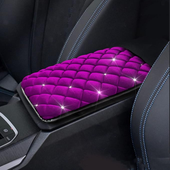 Bling Bling Car Armrest Cover Auto Center Console Protective Cover Luster Crystal Rhinestone Car Arm Rest Cushion Pad Car Interior Accessory (Purple 2)