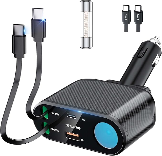 OHLPRO Retractable Car Charger Cigarette Lighter Adapter, 168W 5 in 1 Fast Phone Charging Built-in Replaceable Fuse, Socket Splitter with USB C and USB C Cord, Fit for Phone iPad Galaxy GPS, Grey