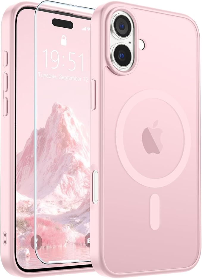 SUPFINE Magnetic for iPhone 16 Plus Case with Screen Protector (Compatible with MagSafe) (Military Grade Drop Protection) Translucent Matte Shockproof Phone Cover,Light Pink