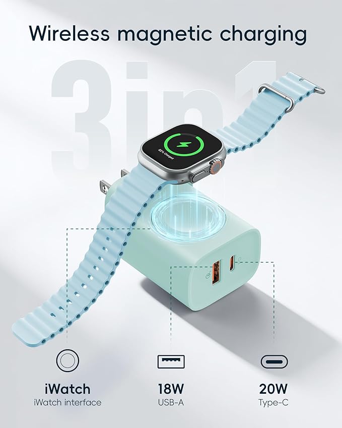 VRURC Charger for Apple Watch, Built-in Wireless Magnetic Charging Station for iWatch SE/11/10/9/8/7/6/5/4, PD 20W USB C Charging Block, Folable Wall Charger Fast for iPhone 17/16/15/14/13-Green