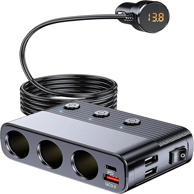 Cigarette Lighter Adapter with 3 Sockets, Car USB Charger Dual Port+QC 3.0+Type-C PD 30W, 12V/24V Cigarette Lighter Splitter with Independent Switches, LED Voltmeter, 66cm Cable