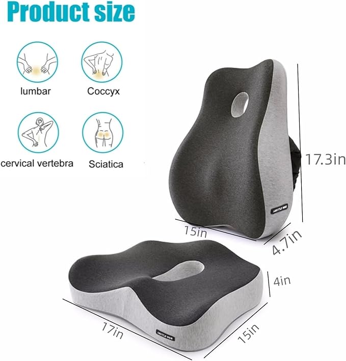 Seat Cushion and Lumbar Support Pillow Set, Sciatica Relieving Coccyx Cushion,hemorrhoid Cushion,Chair Back Support,Ergonomic Cushion&Pillow, car Cushion,Office Chair Cushions for Back and Butt