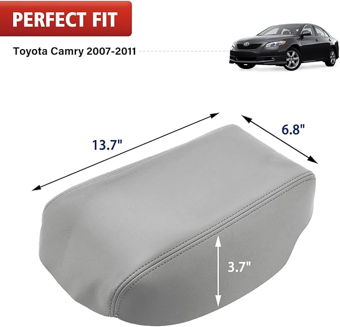 KBH Center Console Armrest Cover Replacement for Toyota Camry 2007 2008 2009 2010 2011, Vinyl Leather Arm Rest Covering Upholstery, Anti-Scratch, Gray (Leather Part Only)