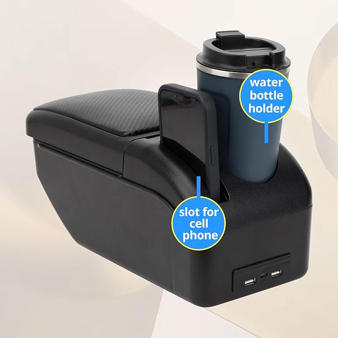AULPHIKE Compatible with Nissan Versa Armrest 2020-2024 Car Center Console Organizer Armrests Double Layer Storage with USB Ports（Carbon Fiber Style）
