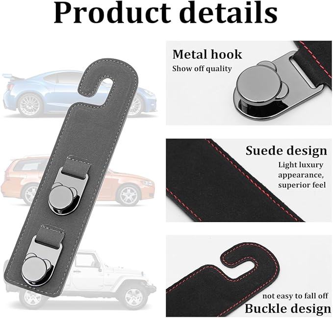 HZEL 2PCS Car Seat Headrest Hooks, Dual Hook Suede Vehicle Backseat Storage Holder for Purse Handbag Coat, Multifunctional Auto Seat Back Grocery Hanger Organizer, Universal for Vehicles (Gray)