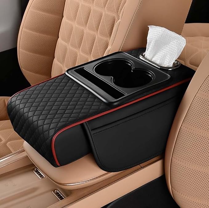 Car Armrest Cushion for SUV with Cup Holder 2.75"Height ,5-in-1 Center Console Cover with 2 Storage Bags , Tissue Box Slot, Phone Slot for Sedans, Car Accessories Interior Organizers (Black Red)