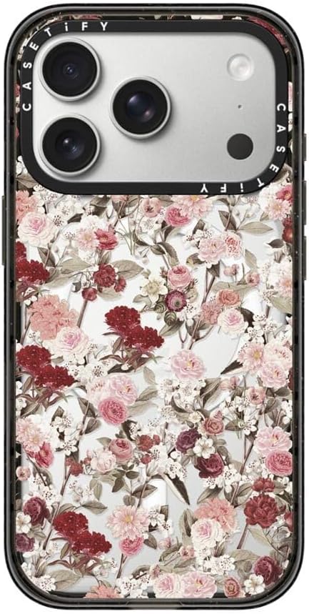 CASETiFY Impact iPhone 17 Pro Case [Slim/Compatible with Magsafe / 8.2 ft. 4X Military Grade Drop Protection] - Vintage Flower Monday - Clear Black