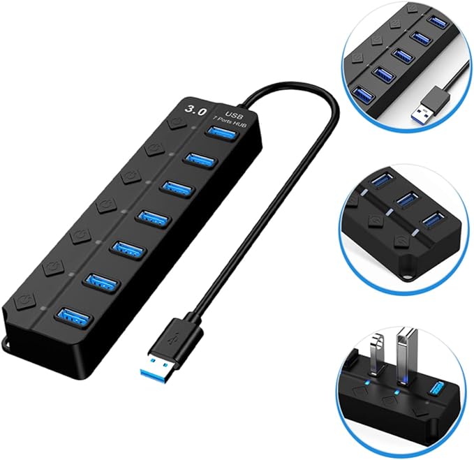 OSALADI USB Hub Individual Off Port USB Splitter for Laptop and Computer High-Speed Data Transfer Led Indicator Thick Core Cable for Power Supply