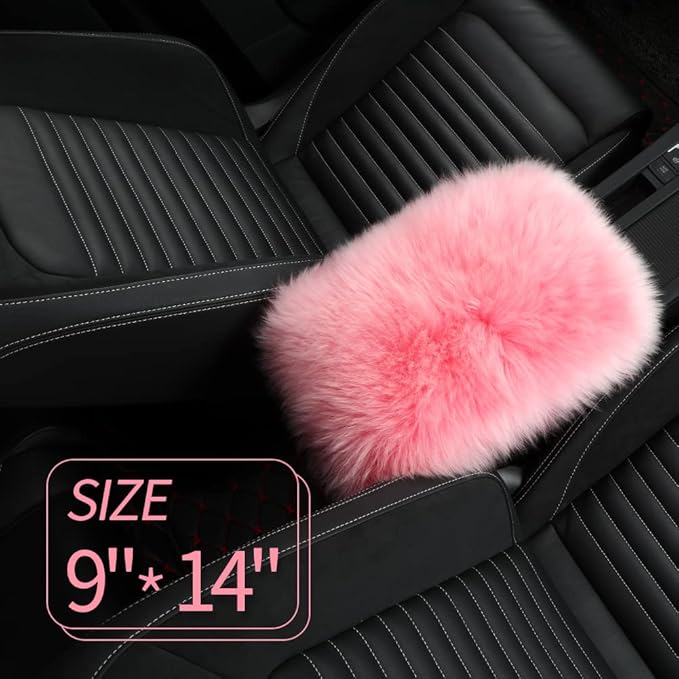 Sheepskin Armrest Cover Auto Center Armrest Cover Car Soft Console Pad, Fluffy Wool Auto Center Console Cover for Most Car Arm Rest Decoration Protector 9 x 14 Inch (Long Wool, Pink)