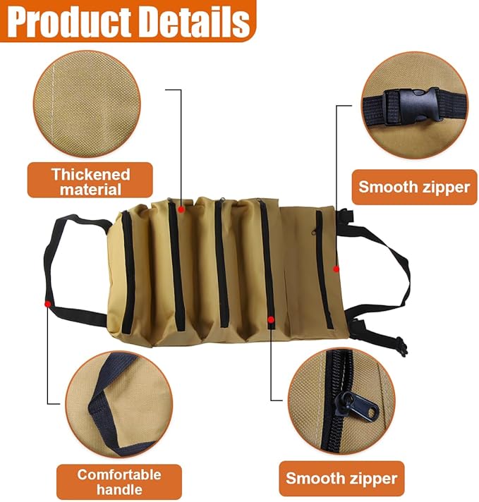 YoRise Car Seat Organizer, Oxford Cloth Roll Up Tool Bag With 5 Zipper Pockets, Hanging Back Seat Car Organizer, Portable Waterproof Vehicle Storage Accessories for Cars, Trucks, SUVs (Khaki)