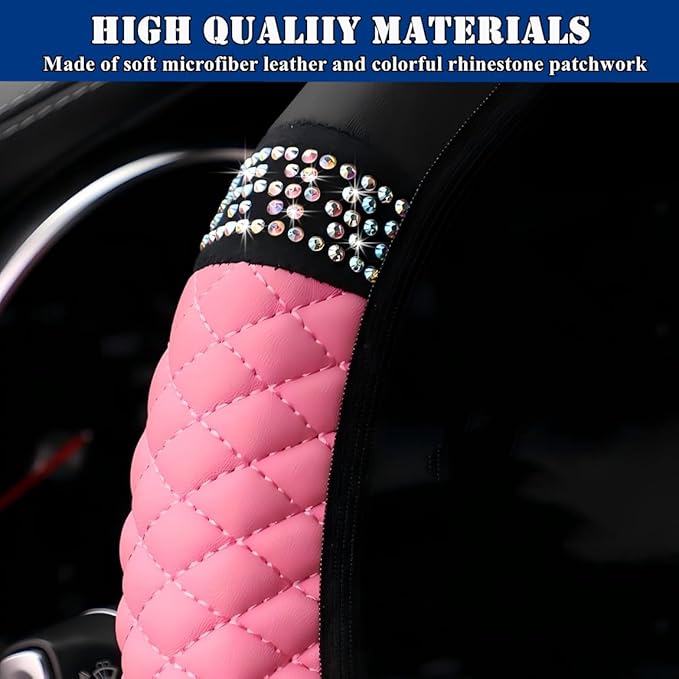 Soft Leather Car Steering Wheel Cover, Universal 15 Inch Colorful Rhinestones Anti-Slip Elastic Steering Wheel Covers for Most Cars, Sparkly Crystal Diamond for Women Girls (Pink)