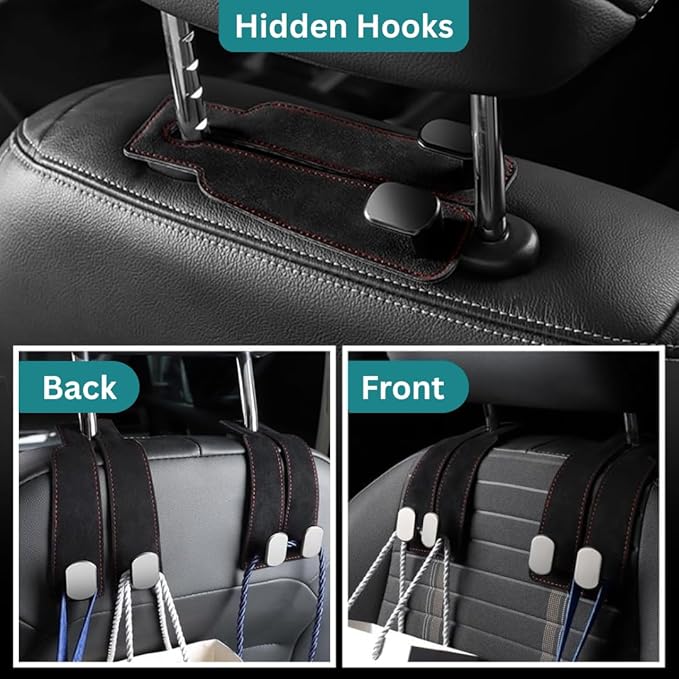 Car Seat Headrest Hooks for Purses and Bags - Premium Leather Double Hook Hanger with Metal Construction, Universal Purse Holder for Car Organization, Fits Most Vehicles (Black, 2-Pack)