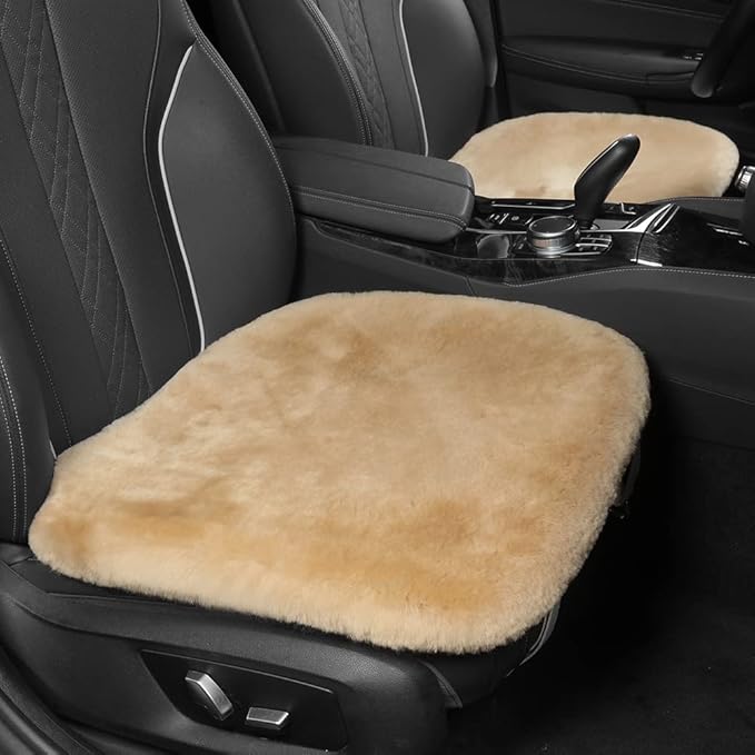 Genuine Sheepskin Auto Seat Pad,Soft Wool Seat Cover Breathable and Sweat-Wicking Comfort Warm Universal Fit (Front seat Cushion 2pcs & Rear seat Cushion 1pc, Khaki)