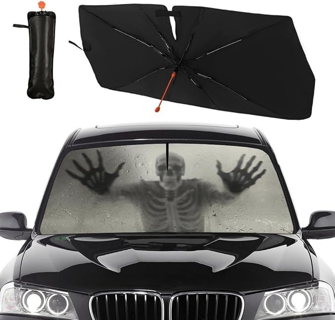 Socira Ghost Skull Car Windshield Sunshade Umbrella Foldable Horror Umbrella Funny Sun Shade Windshield Cover Creepy Skeleton Sunshade Skull Car Accessories Keeps Cool (57" X 30")