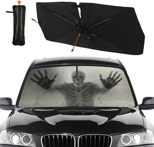 Socira Ghost Skull Car Windshield Sunshade Umbrella Foldable Horror Umbrella Funny Sun Shade Windshield Cover Creepy Skeleton Sunshade Skull Car Accessories Keeps Cool (57" X 30")