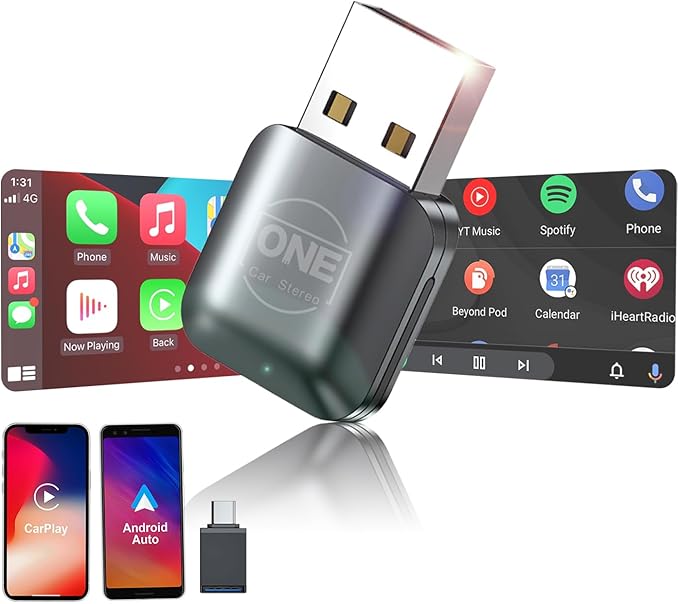 OneCarStereo Mini Wireless CarPlay Android Auto Adapter, Plug & Play, 2026 Upgrade, Convert Wired CarPlay to Wireless for iOS 10+, Fast Stable 5.8GHz Wi-Fi USB Car Play Dongle