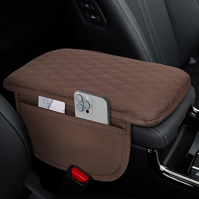 Car Center Console Cover, 12"×7.87" Waterproof Leather Auto Armrest Cover Protector with 2 Pocket, Comfortable Arm Rest Box Cushion Pad, Universal Interior Car Accessories (Coffee)