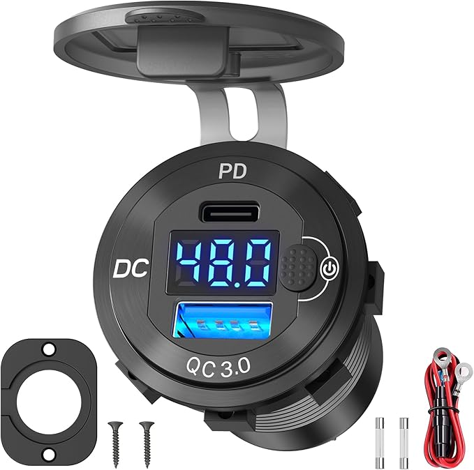 High Voltage USB Outlet 12V 24V 36V 48V 60V Aluminum Car Charger Socket, PD 30W USB C and QC 36W Car USB Port Waterproof Cigarette Lighter Power Adapter DIY Kit with Button Switch for Ship Truck, etc.
