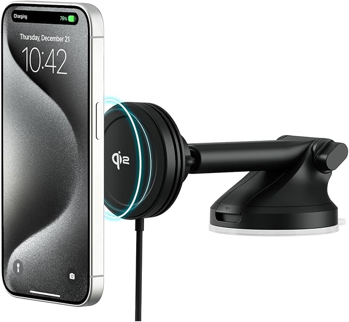 iOttie Velox Qi2 Mini 15W Wireless Charger Car Mount - Dash & Windshield Car Phone Holder - MagSafe Compatible iPhone Mount for Qi2 Smartphones (iPhone12 13 14 15 16 and 17) - Car Charger Included