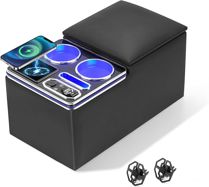 Upgraded Center Console, Wireless Charging Phone Holder & Cup Holders Armrest Organizer for Car Minivan Truck Van, Universal Rear Bench Seat Storage Box with 7 Modes LED Light