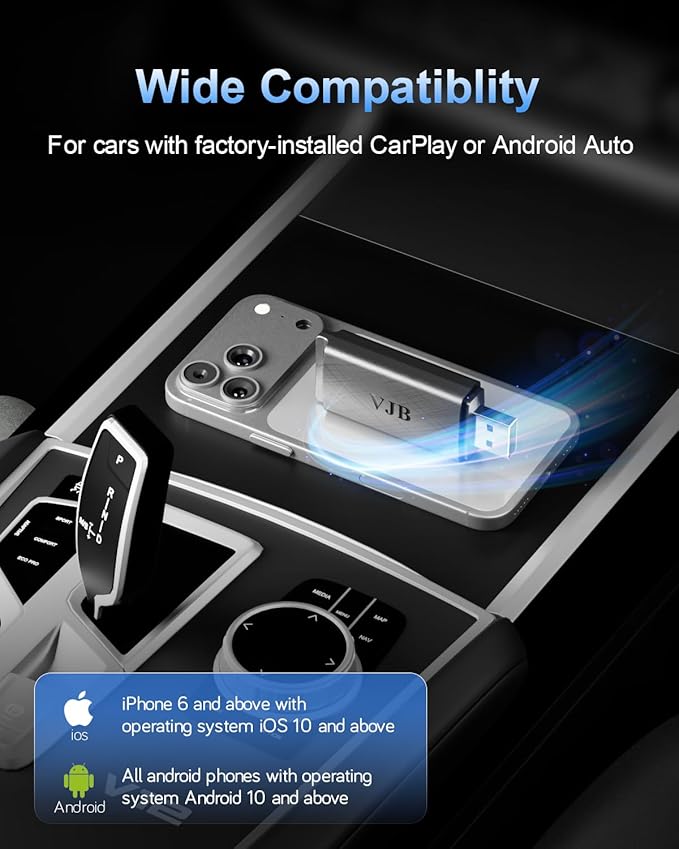 VJB Wireless CarPlay &Android Auto Adapter for iPhone & Android | Converts Wired to Wireless | Plug and Play Stable Connection Fast Auto-Connect (iOS 10+, Android 10+, 2016+ Cars)
