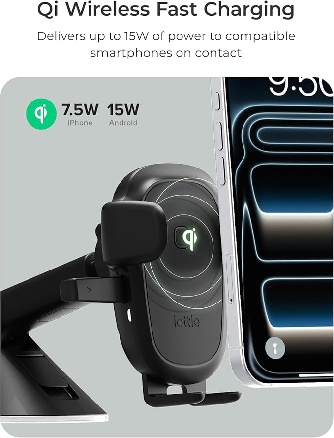 iOttie Easy One Touch Wireless 3 Dash & Windshield Car Mount, 15W Qi Fast Charging Phone Holder, One-Handed Auto Clamp, Adjustable Smartphone Mount for iPhone 17 Pro Max, iPhone 12-17, Samsung, Pixel