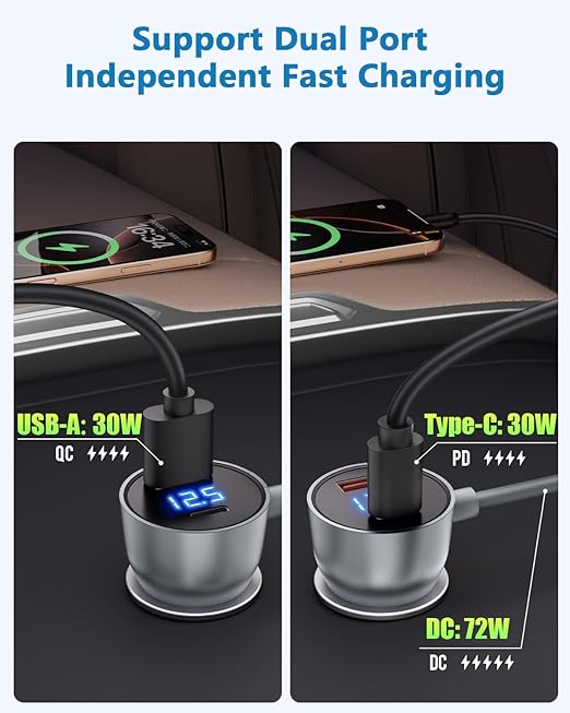 Starlink Mini Cable Car Charger 10FT Starlink Mini Power Cable DC 12V 24V Cigarette Lighter Power Cord with Digital Display USB C PD 30W and USB A QC 3.0 30W Ports for Trucks and Cars