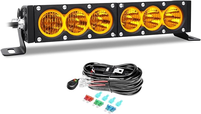 AUXTINGS 12 inch Single Row Amber LED Light Bar 60W Off Road Light Bar Flood Beam LED Work Light Truck UTV 4x4 Cars SUVs ATVs Boats Fog Driving Light with Wiring Harness kit