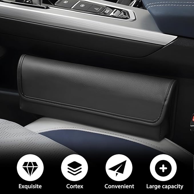 Car Seat Gap Filler Organizer, Leather Vehicle Side Seat Gap Storage Box with Lid for Phone Key Card, L-Capacity Auto Interior Organization, Universal for SUV Sedan Truck (Black)