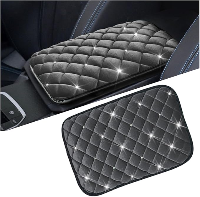 Mandark Bling Car Center Console Cover, Crystal Rhinestone Fluffy Automotive Armrest Seat Box Cushion Pad, Soft Comfortable Diamond Arm Rest Protection Mat, Universal Vehicle Accessories (Gray)