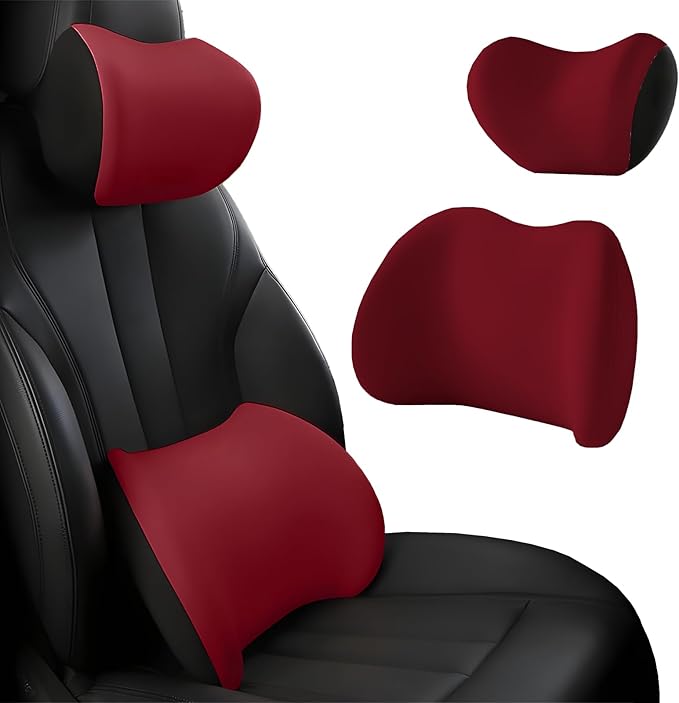 Car Headrest & Lumbar Support Cushion, Car Headrest and Lumbar Support, Ergonomic Car Seat Headrest & Lumbar Cushion, Car Head Rest and Lumbar Pillow Set for Neck Back Pain Relief (Wine)