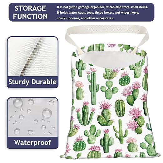 Cactus Print Car Trash Bag Hanging Garbage Bag with Snap Buttons Car-Back Seat Trash Storage Portable Dustbin for Men Women Car Interior Accessories Travel Camping