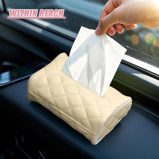 Car Tissue Holder, Soft PU Leather Auto Backseat Napkin Holder, Rectangle Hanging Tissue Box for 100-150 Standard Tissues, Universal Car Interior Storage & Organization Accessories (Beige)