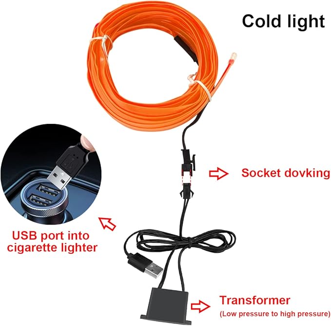 EL Wire LED Strip Lights, 10FT/3M USB Auto Neon Light Strip with Sewing Edge, Electroluminescent Car Ambient Lighting Kits with Fuse Protection, Car Decoration Accessories (Orange/10FT)