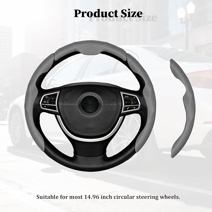 3PCS Car Steering Wheel Cover, Nappa Leather Breathable Non-Slip Segmented Steering Wheel Protector, Snap-on Auto Interior Decoration Accessories, Universal Fit (Gray)