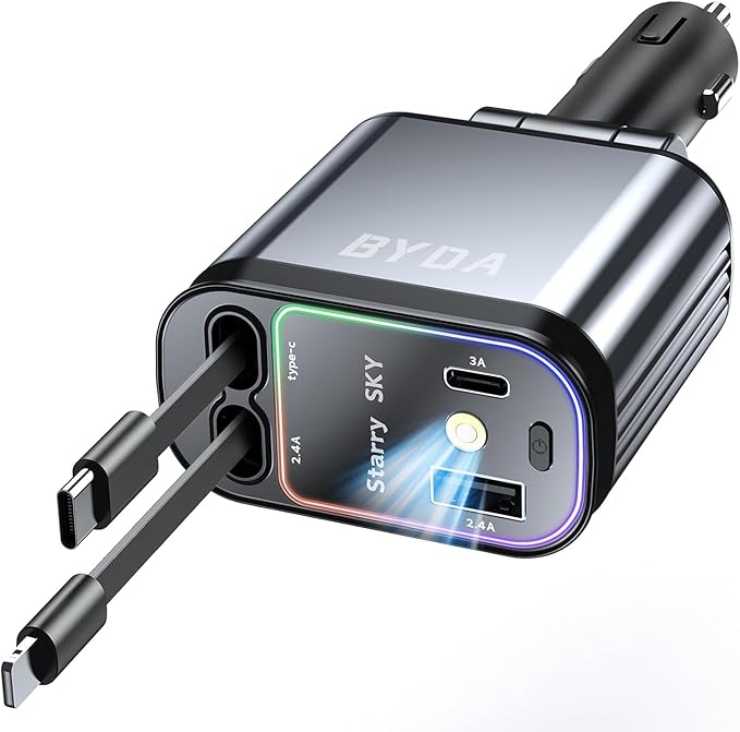 4 in 1 Retractable Car Charger with Starry Light,69W USB-C Fast Car Charger, for iPhone 17/16/15/14/13/12/11, Android,Pixel,Cigarette Lighter Charger (for Lightning+USB-C)