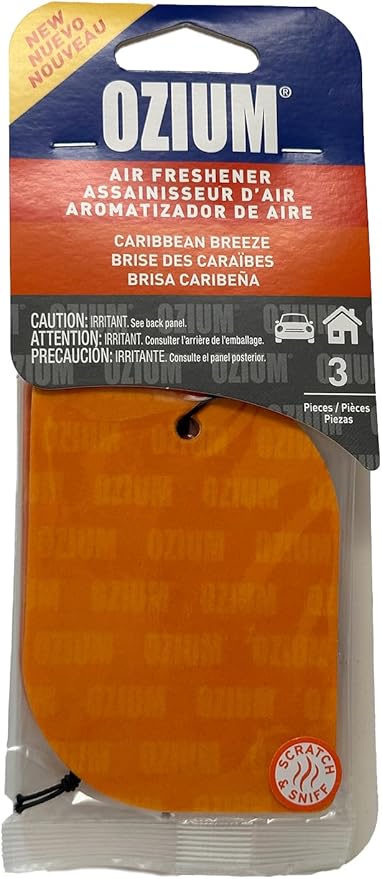 Ozium Paper Hanging Car Air Freshener with Odor Eliminator for Car - Refresh Your Ride with Automotive Air Fresheners, 3 Pieces (Caribbean Breeze, 1 Pack)