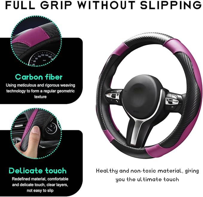 Car Steering Wheel Cover, 15 inch Carbon Fiber Microfiber Leather Elastic Steering Wheel Protector, Breathable Anti-Slip Comfortable Steering Wheel Covers for Most Cars (Black&Purple)