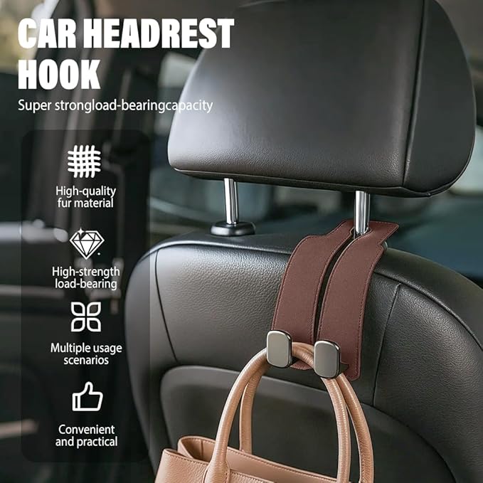 Car Seat Back Storage Hook, 2026 New Two Hook Fur Leather Seat Back Headrest Hanger Genuine Leather Double Metal Hook for Backseat Organizer, Car Organization Accessories (4, Gray)