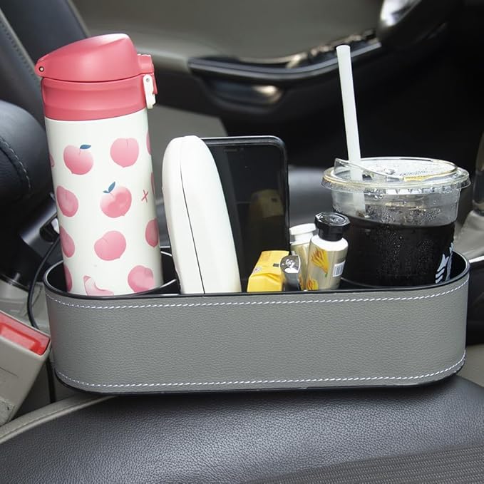 Cup Holder for Car Seat Gap Organizer, Multifunctional Cup Drink Holders with PU Leather Cover,Side Insert Center Console Gap Filler Storage Box for Mug Bottle CellPhones Keys Coffee Coasters grey2
