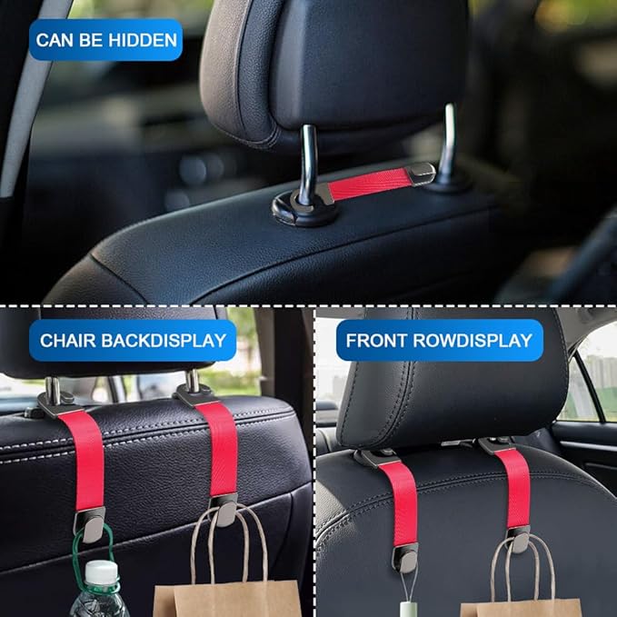 2PCS Car Seat Headrest Hook, Purse Hook for Car, Strong and Durable Backseat Hanger, Universal Auto Interior Accessories Seat Hanging Holders Fit for Hanging Purse Bag Grocery (Red)